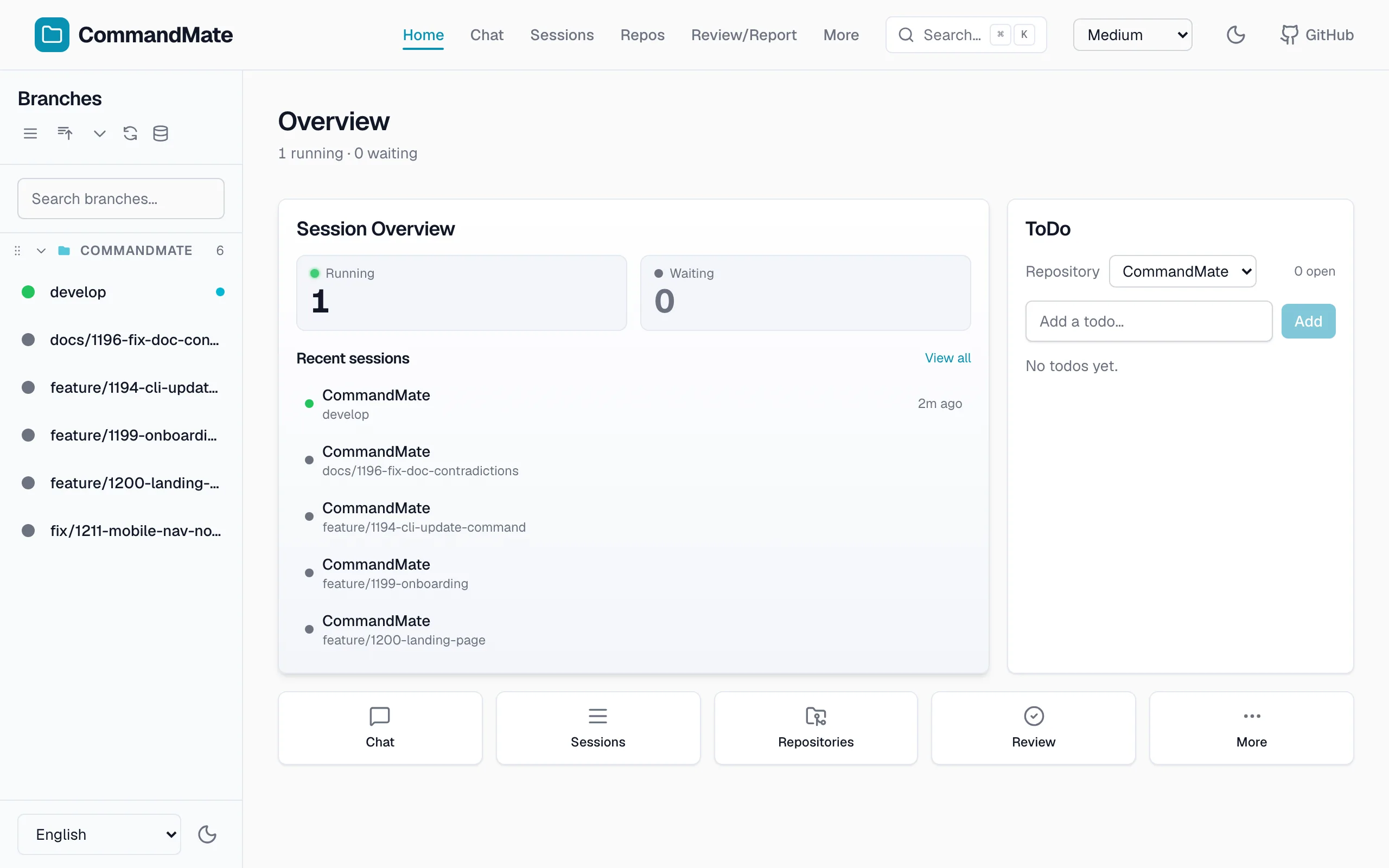CommandMate desktop dashboard listing worktree sessions and their status