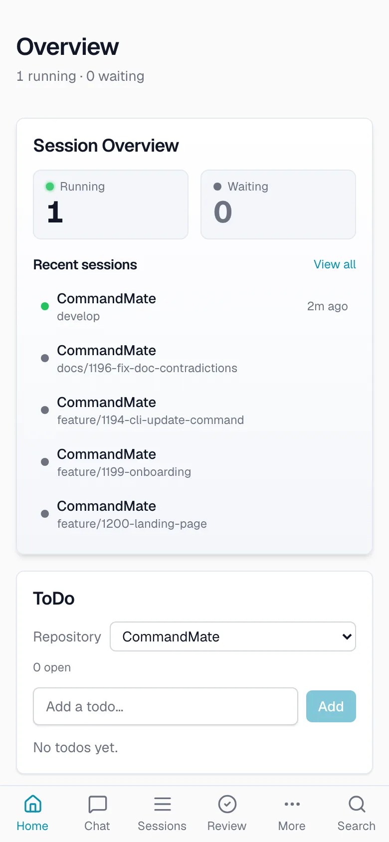 CommandMate session list on a phone