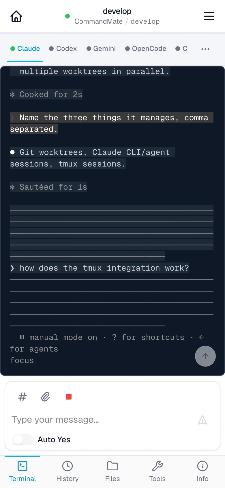 A live agent terminal session rendered on a phone